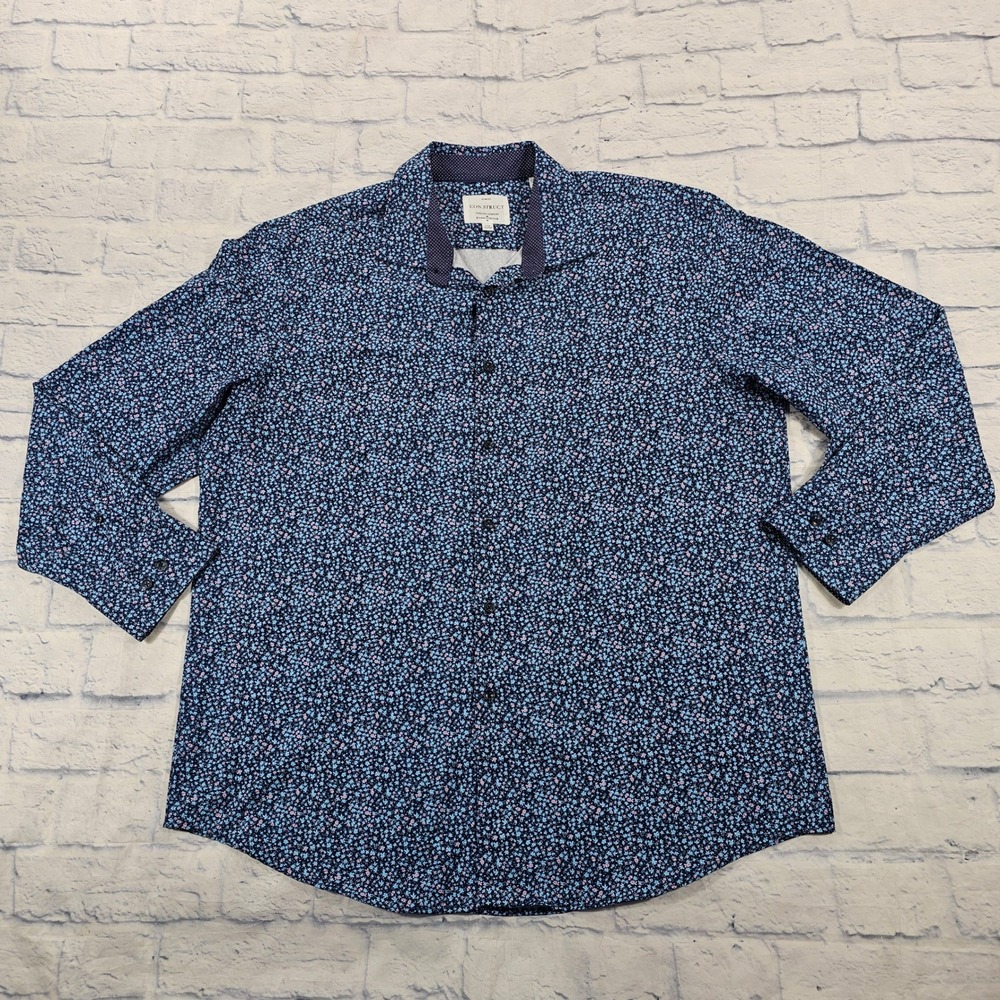 CON.STRUCT Button Down Shirt MENS XXL Blue Floral Slim Fit Cooling 4 Way Stretch